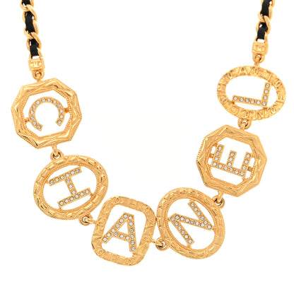 Chanel Metal Lambskin Crystal Chain Logo Choker Necklace Gold Black 4 of 5