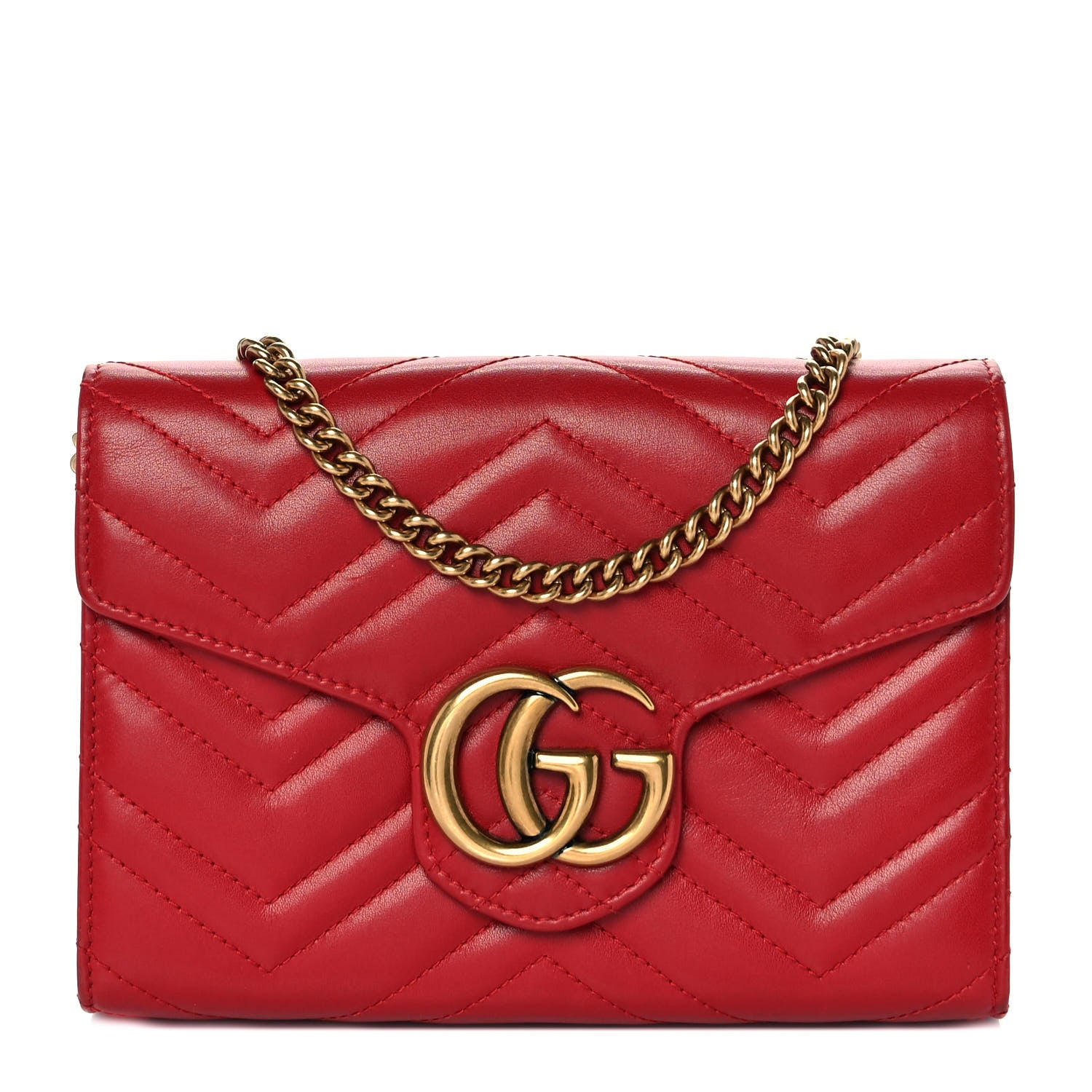 Gucci Calfskin Matelasse GG Marmont Chain Wallet Hibiscus Red 1 of 9