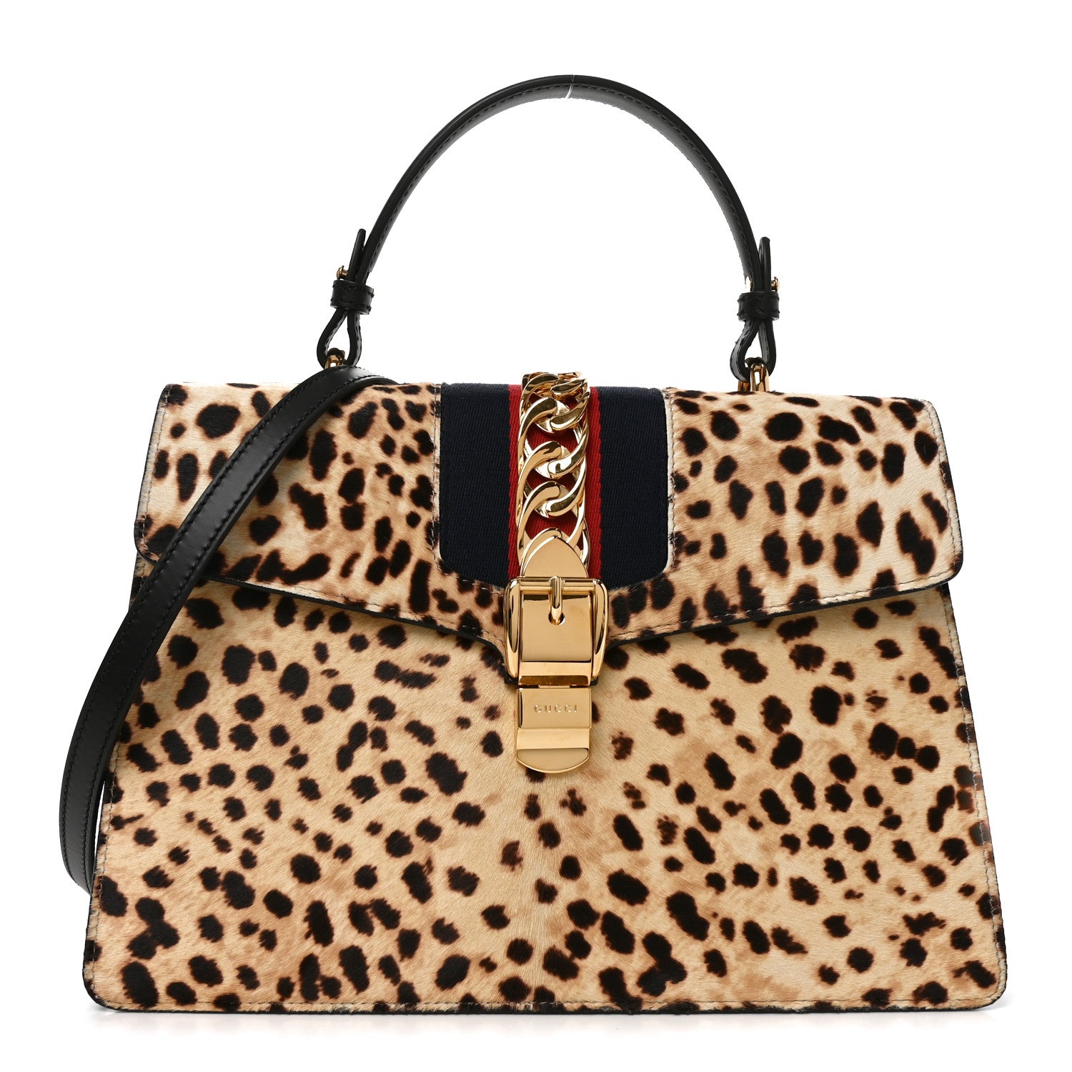 Gucci Calf Hair Leopard Print Medium Sylvie Top Handle Bag Naturale Black Naturale Black 1 of 10