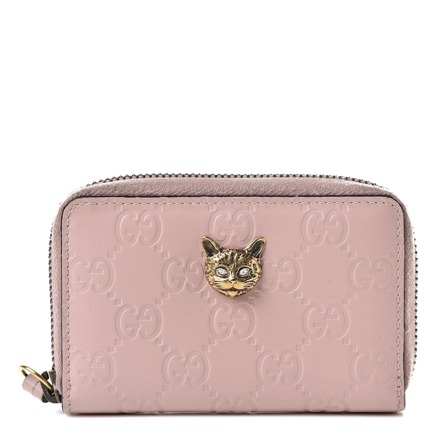 Guccissima Signature Crystal Cat Zip Around Card Case Light Candy Pink