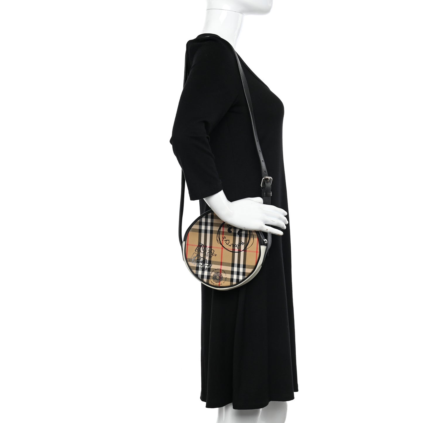 Vintage Check Calfskin Cartoon Print Round Bag Black White