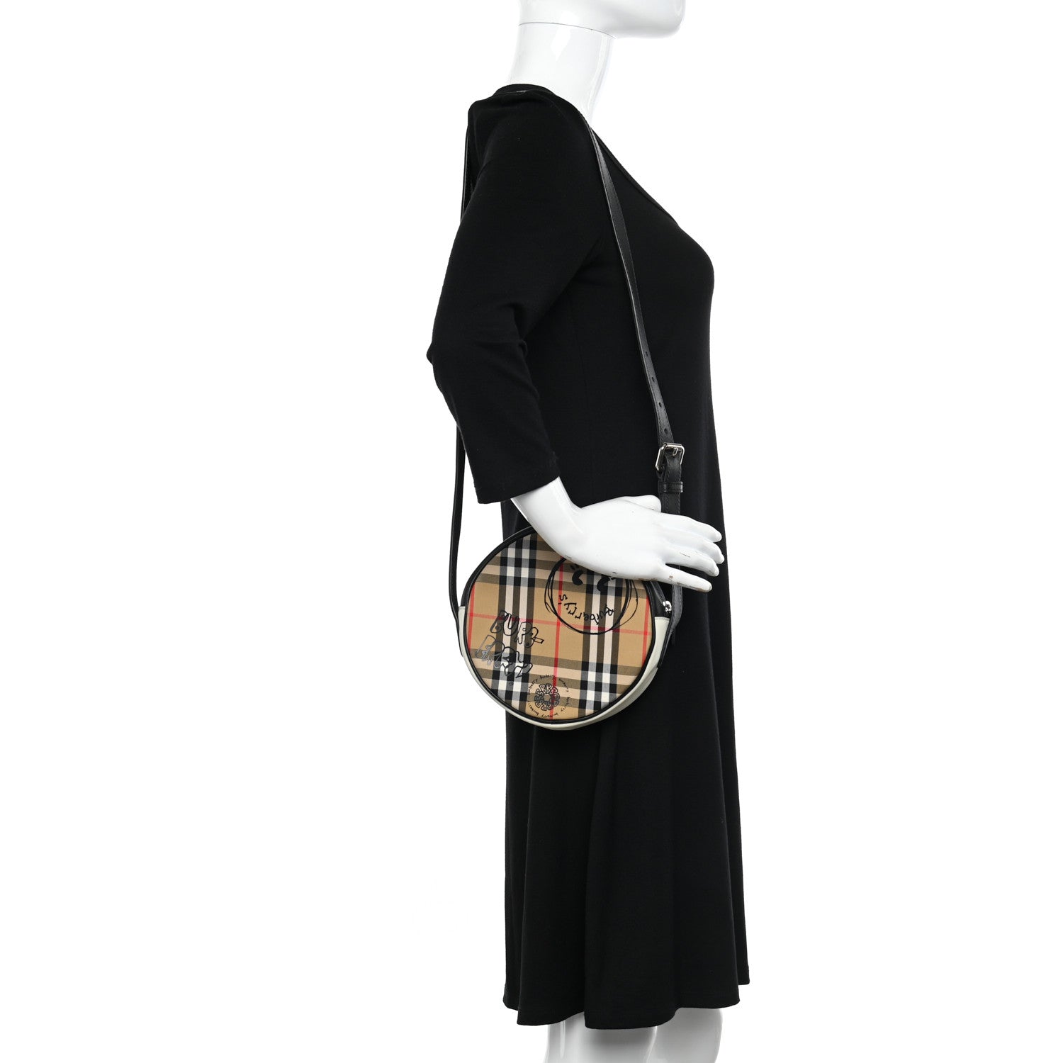 Burberry Vintage Check Calfskin Cartoon Print Round Bag Black White 2 of 10