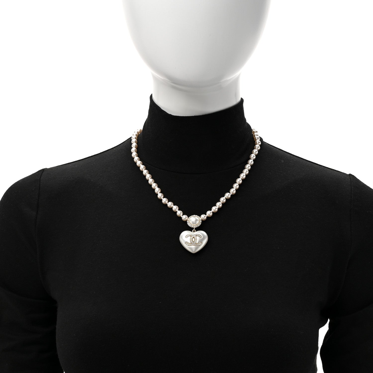 Chanel Pearl Crystal CC Heart Short Necklace Gold Pearly White 2 of 5