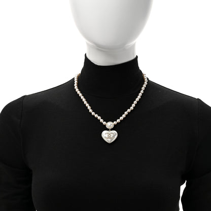 Chanel Pearl Crystal CC Heart Short Necklace Gold Pearly White 2 of 5