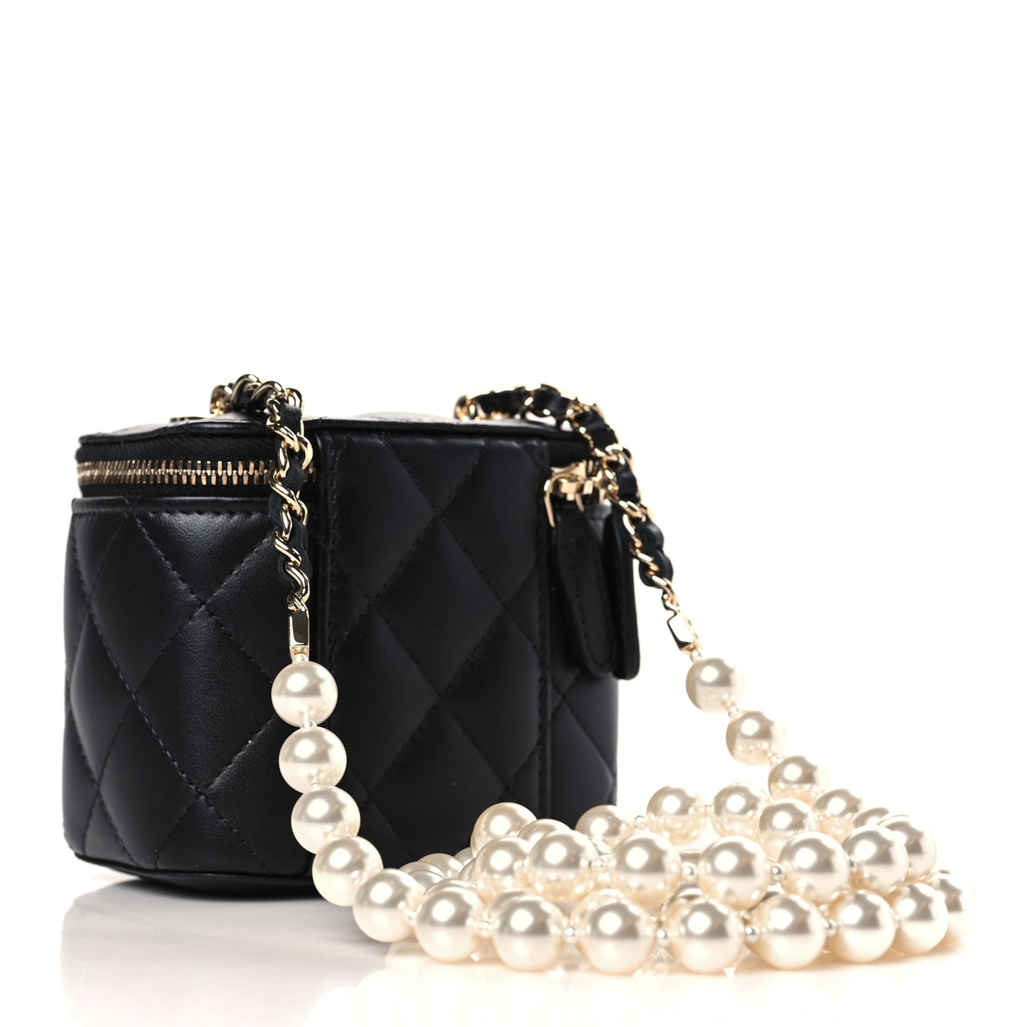 Lambskin Quilted Mini Vanity Case With Pearl Chain Black