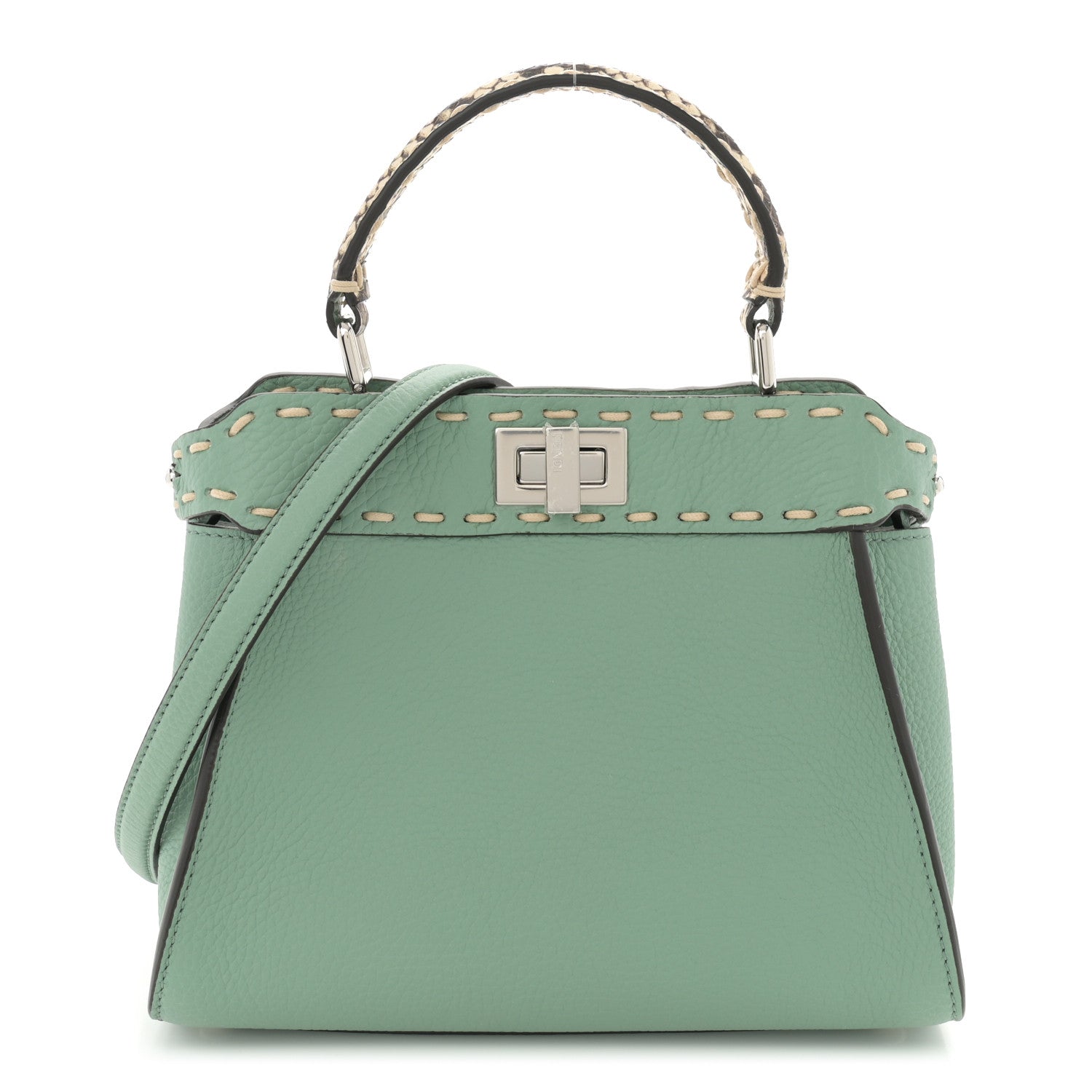 Fendi Cuoio Romano Snakeskin Selleria Mini Peekaboo Iconic Satchel Mint Stone 1 of 11