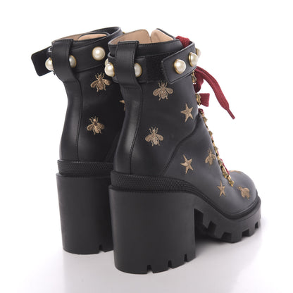 Gucci Calfskin Embroidered Lace Up Combat Ankle Boots 36 Black 4 of 10