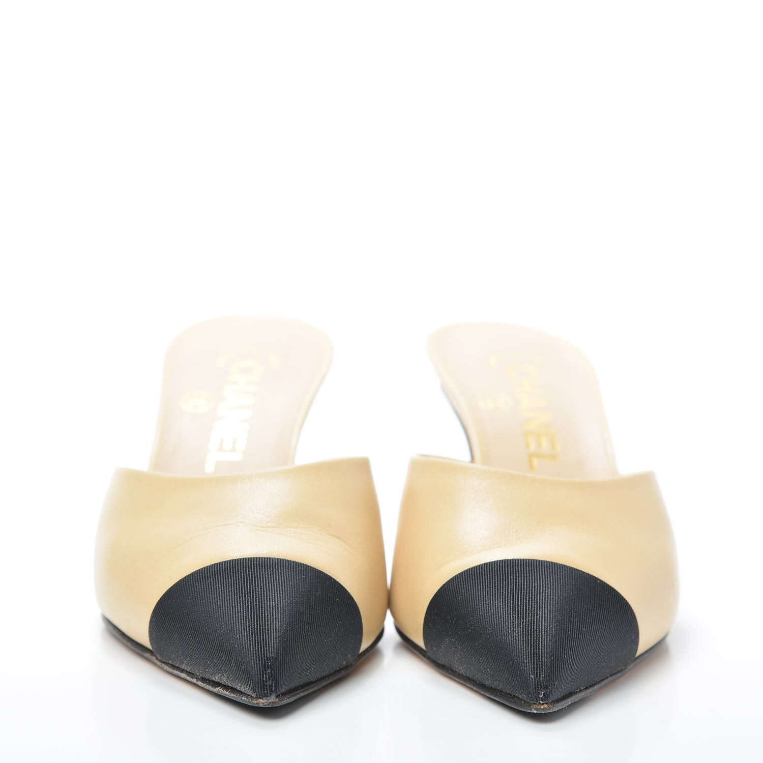 Chanel Lambskin Grosgrain Cap Toe CC Mules 35 Beige Black 2 of 7