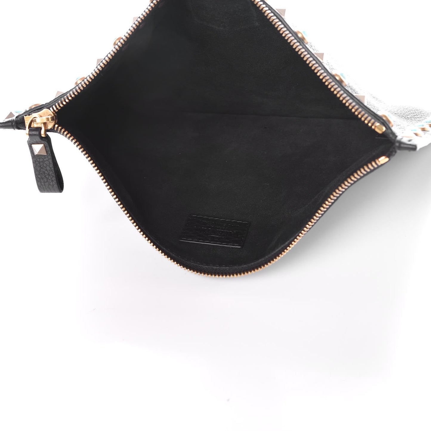 Pebbled Calfskin Turquoise Large Rockstud Rolling Zip Pouch Black