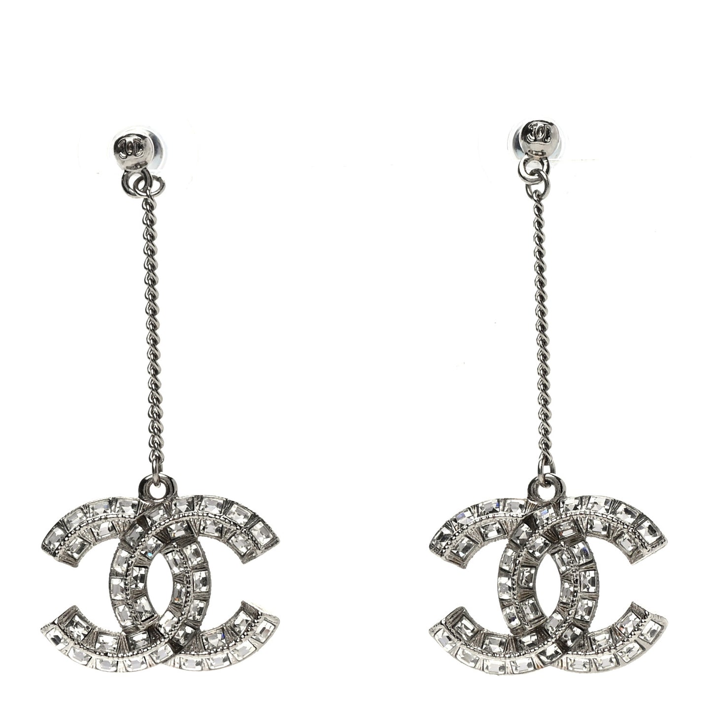 Baguette Crystal CC Drop Earrings Silver