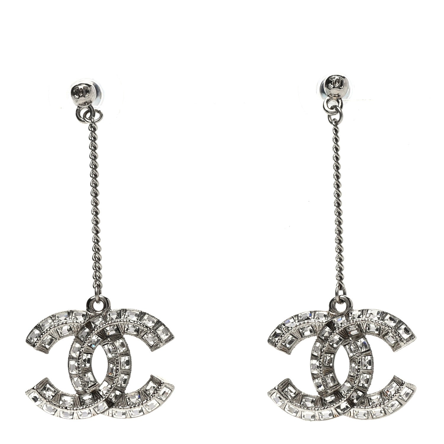 Chanel Baguette Crystal CC Drop Earrings Silver 1 of 3