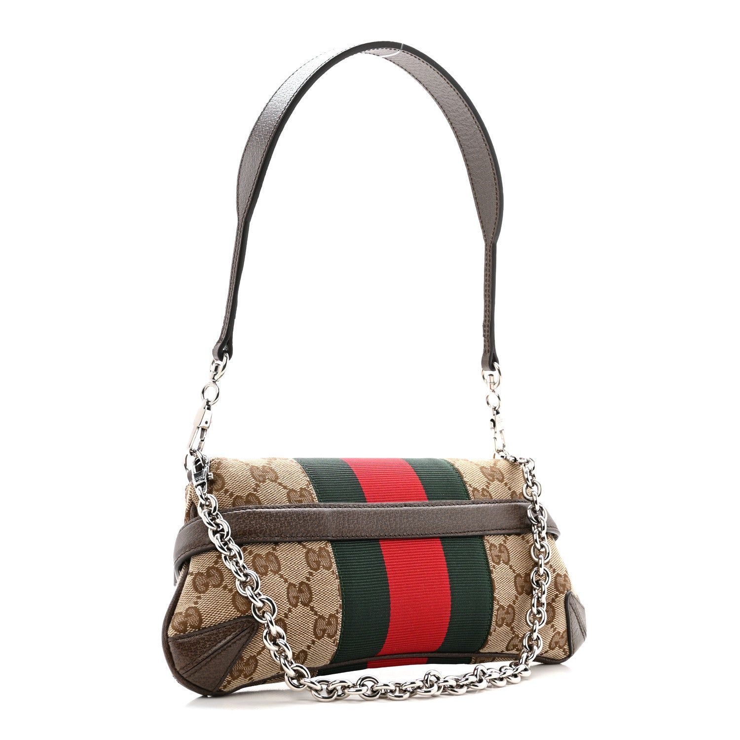 Gucci Monogram Textured Dollar Calfskin Heavy Grosgrain Web Small Maxi Horsebit Chain Shoulder Bag Beige Ebony New Acero 3 of 14