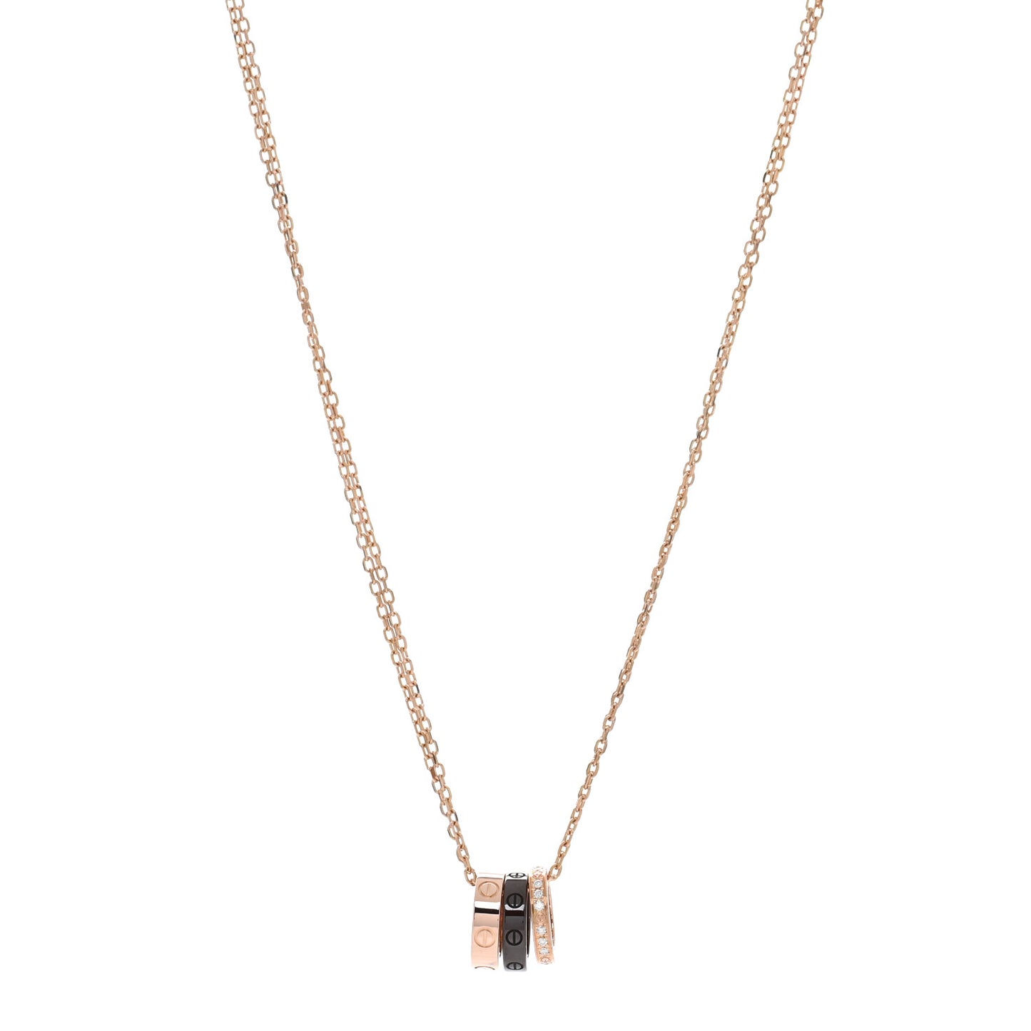 18K Pink Gold Ceramic Diamond Three Ring LOVE Pendant Necklace