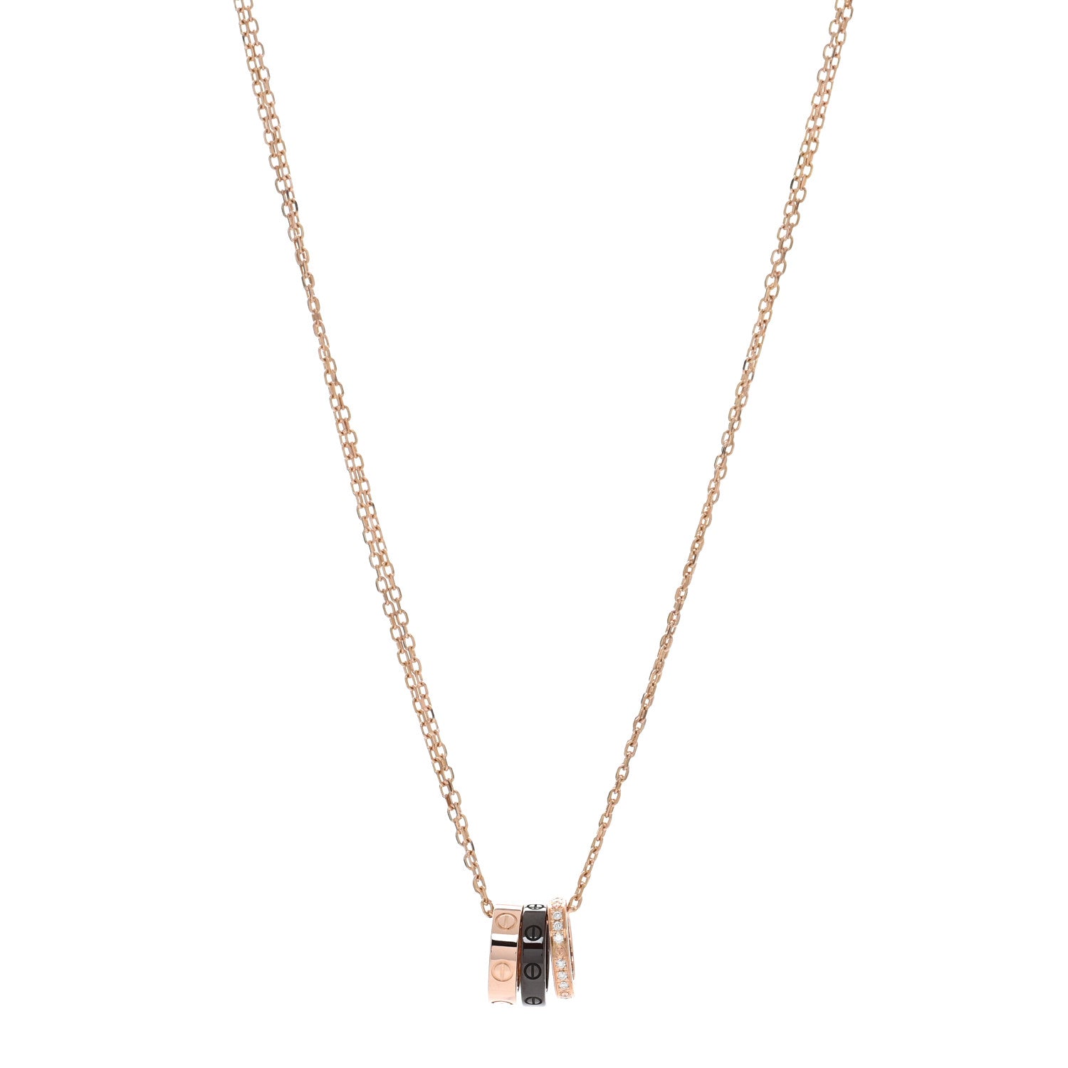 Cartier 18K Pink Gold Ceramic Diamond Three Ring LOVE Pendant Necklace 1 of 4