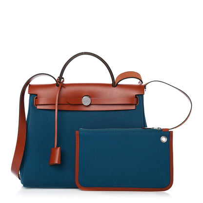 Hermes Military Toile Vache Hunter Herbag Zip Retourne 31 PM Bleu Outremer Cuivre 1 of 10