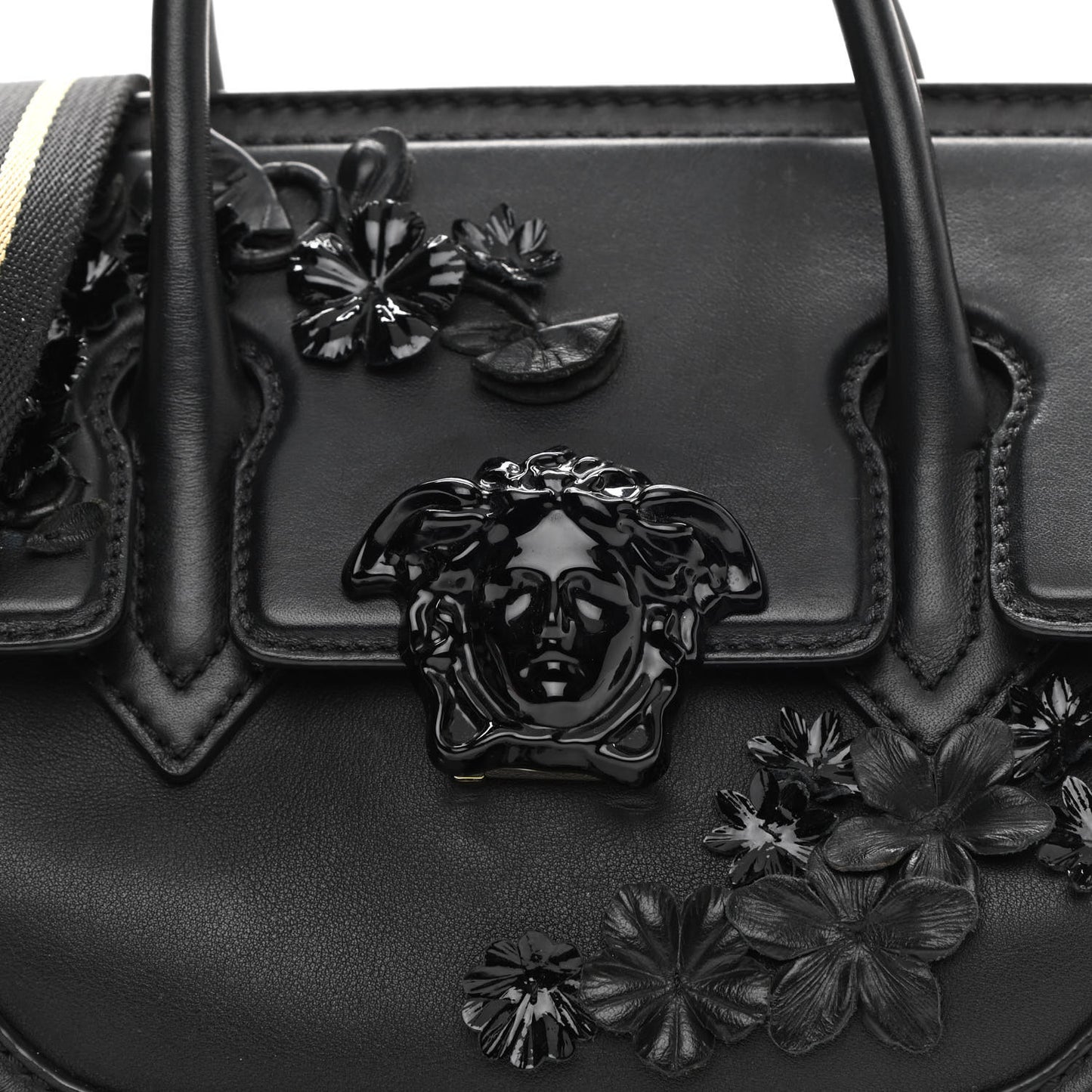 Calfskin Floral Appliques Medium Palazzo Empire Bag Black