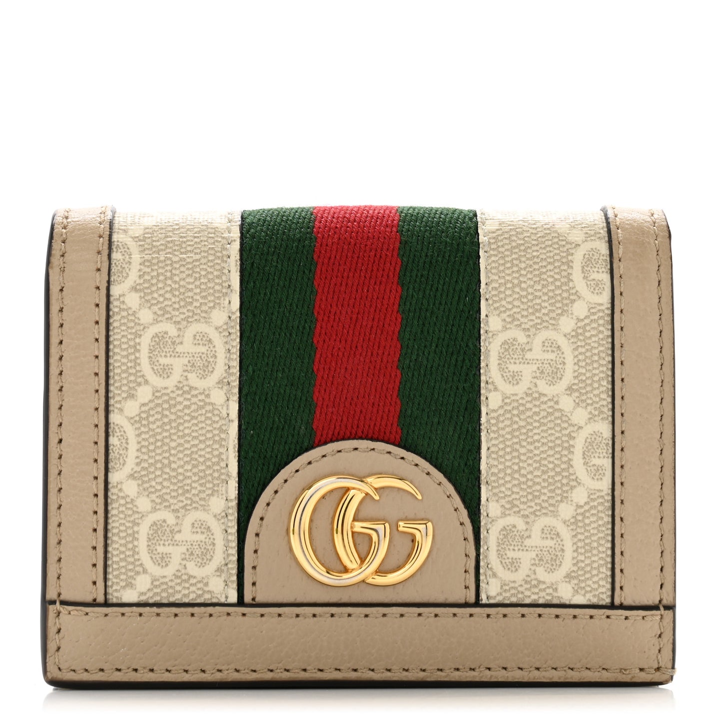 GG Supreme Monogram Textured Dollar Calfskin Web Ophidia Card Case Beige Mystic White Oatmeal