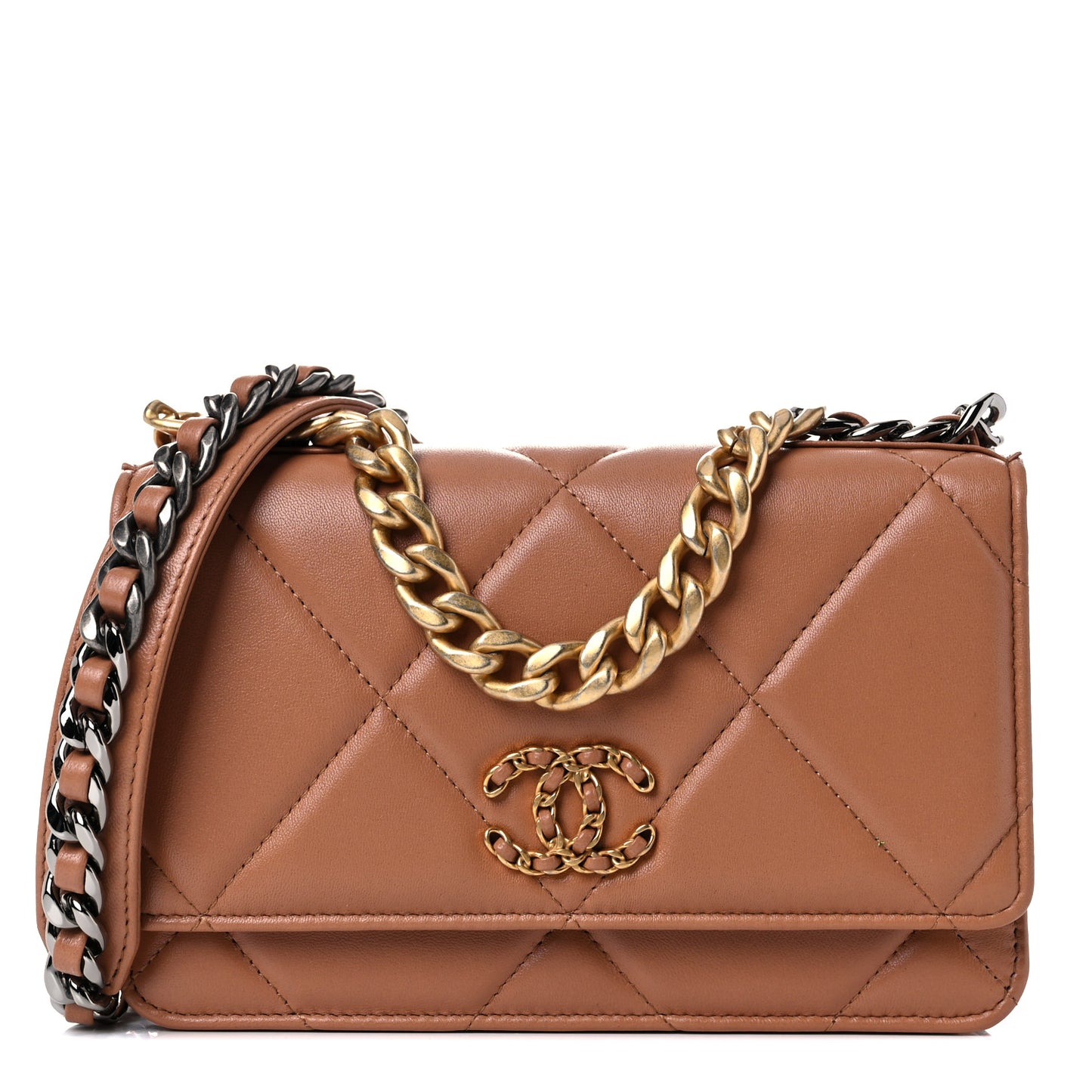 Lambskin Quilted Chanel 19 Wallet On Chain WOC Brown