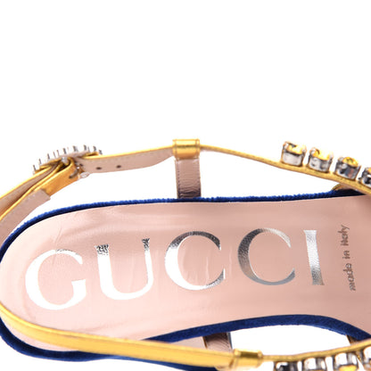 Gucci Velvet Nappa Crystal Zephyra Slingback Platform High Heel Sandals 36 Blue Gold 8 of 11