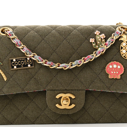 Chanel Canvas Quilted Coco Cuba Charms Medium Double Flap Khaki 8 of 10