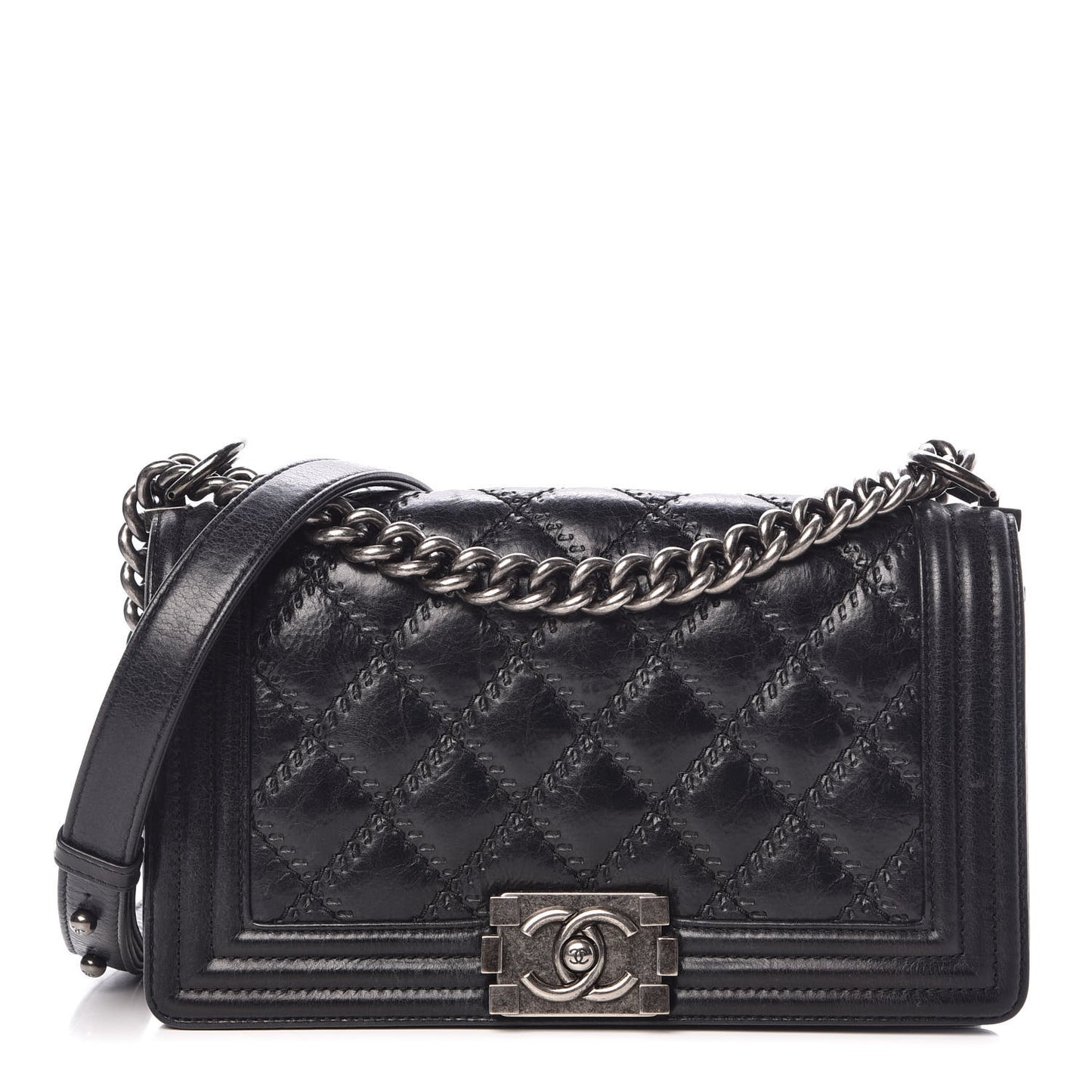 Calfskin Double Stitch Medium Boy Flap Black