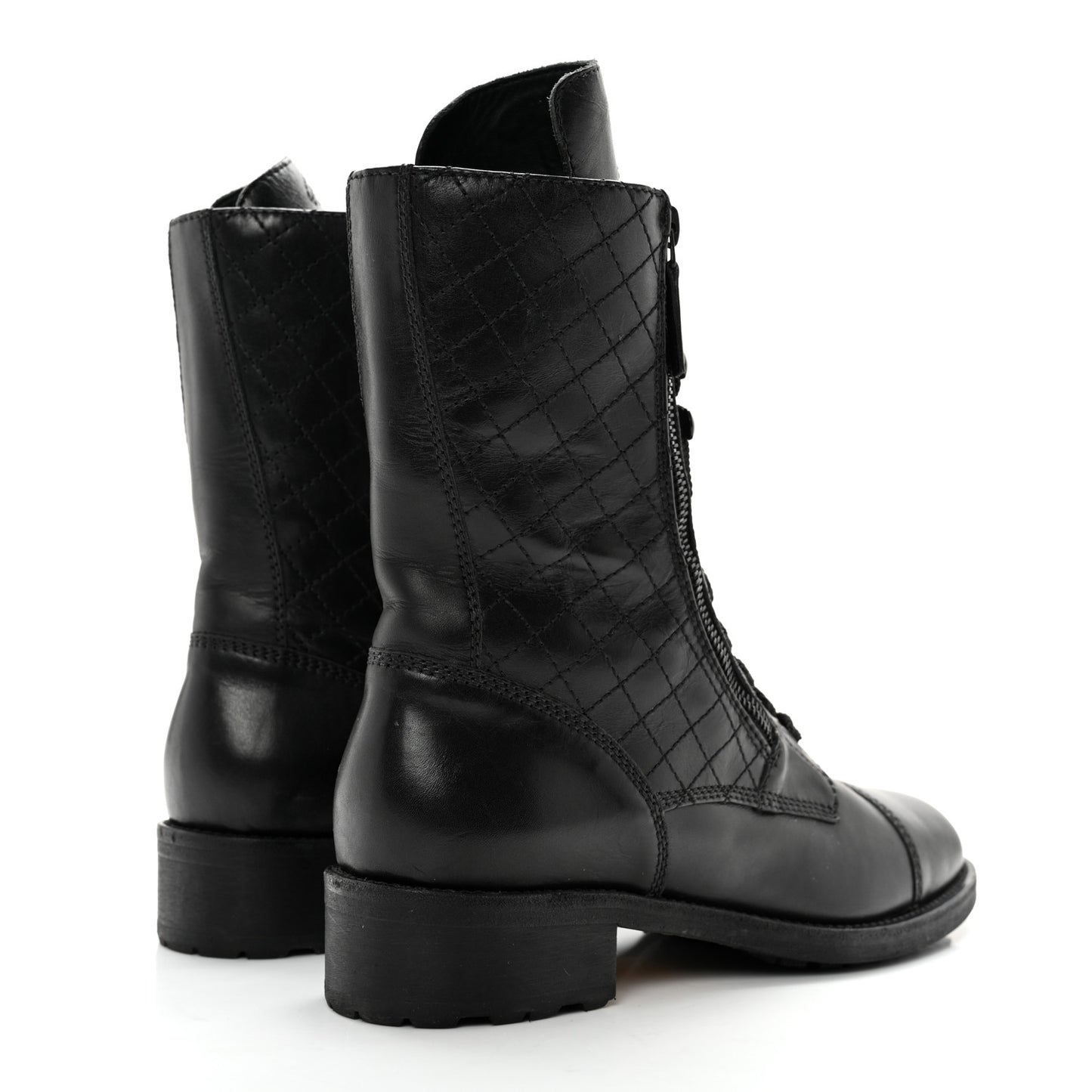 Calfskin Quilted Lace Up Combat Boots 40 Black