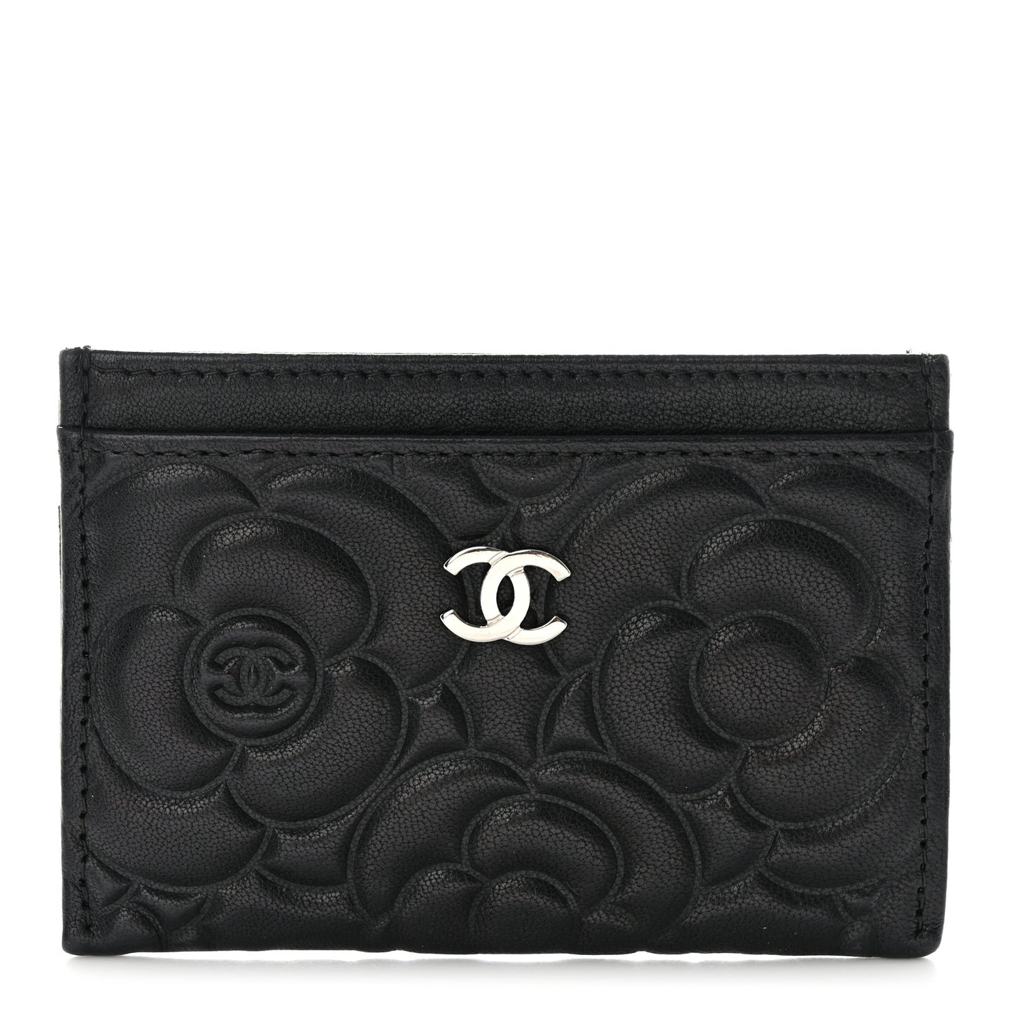 Lambskin Camellia Embossed Card Holder Black