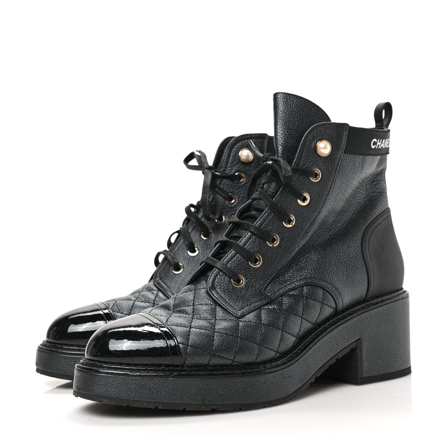 Pearly Calfskin Patent Calfskin Lace Up Combat Boots 40 Black