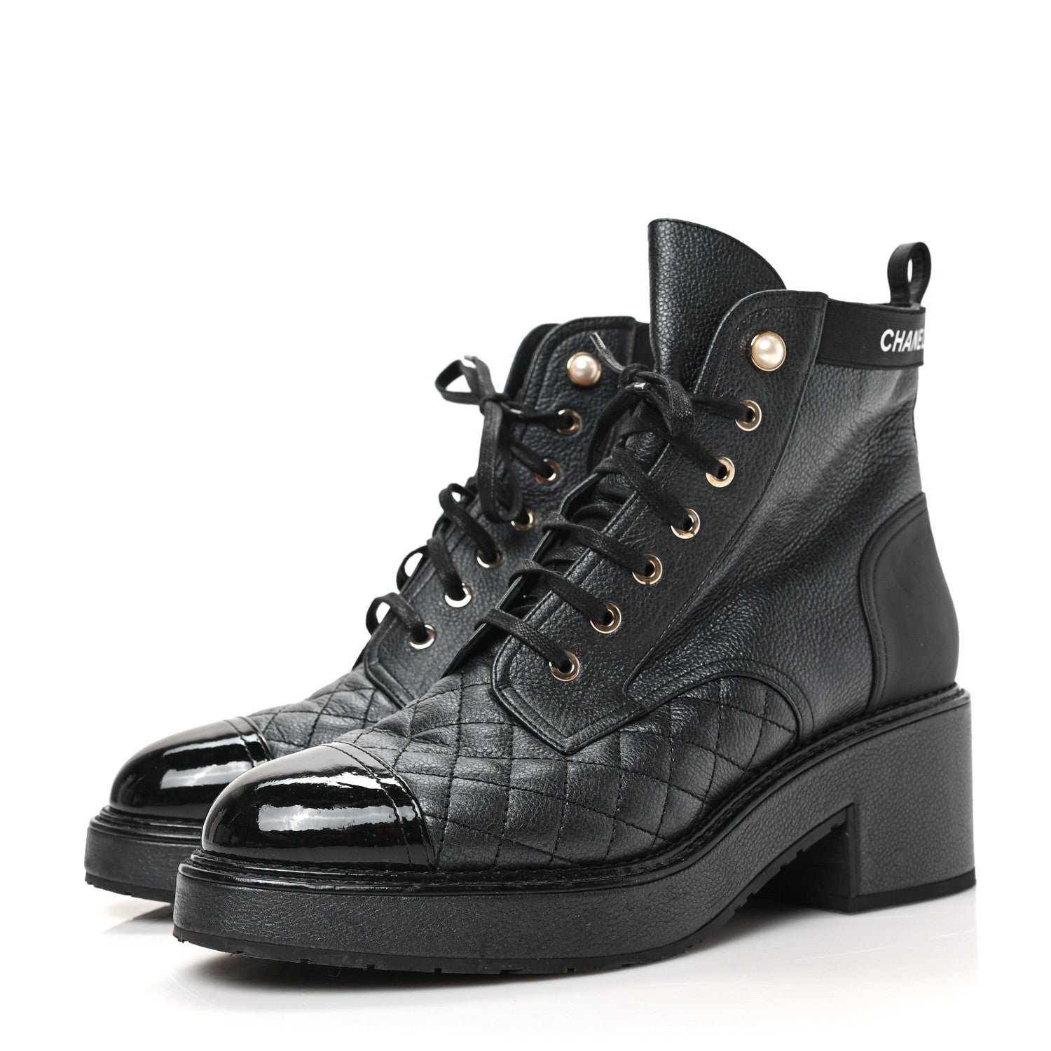 Chanel Pearly Calfskin Patent Calfskin Lace Up Combat Boots 40 Black 3 of 7