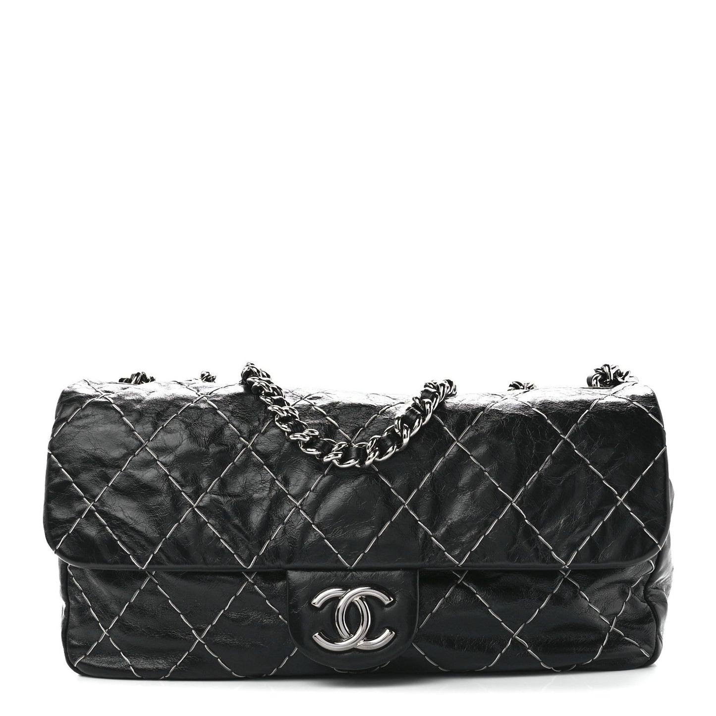 Glazed Goatskin Double Contrast Stitch Flap Black