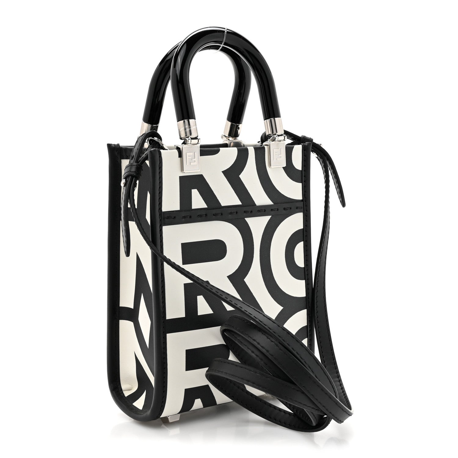 Fendi X MARC JACOBS Vitello King Plexiglass Logo Print Mini Fendi Sunshine Shopper Tote Black White 3 of 9