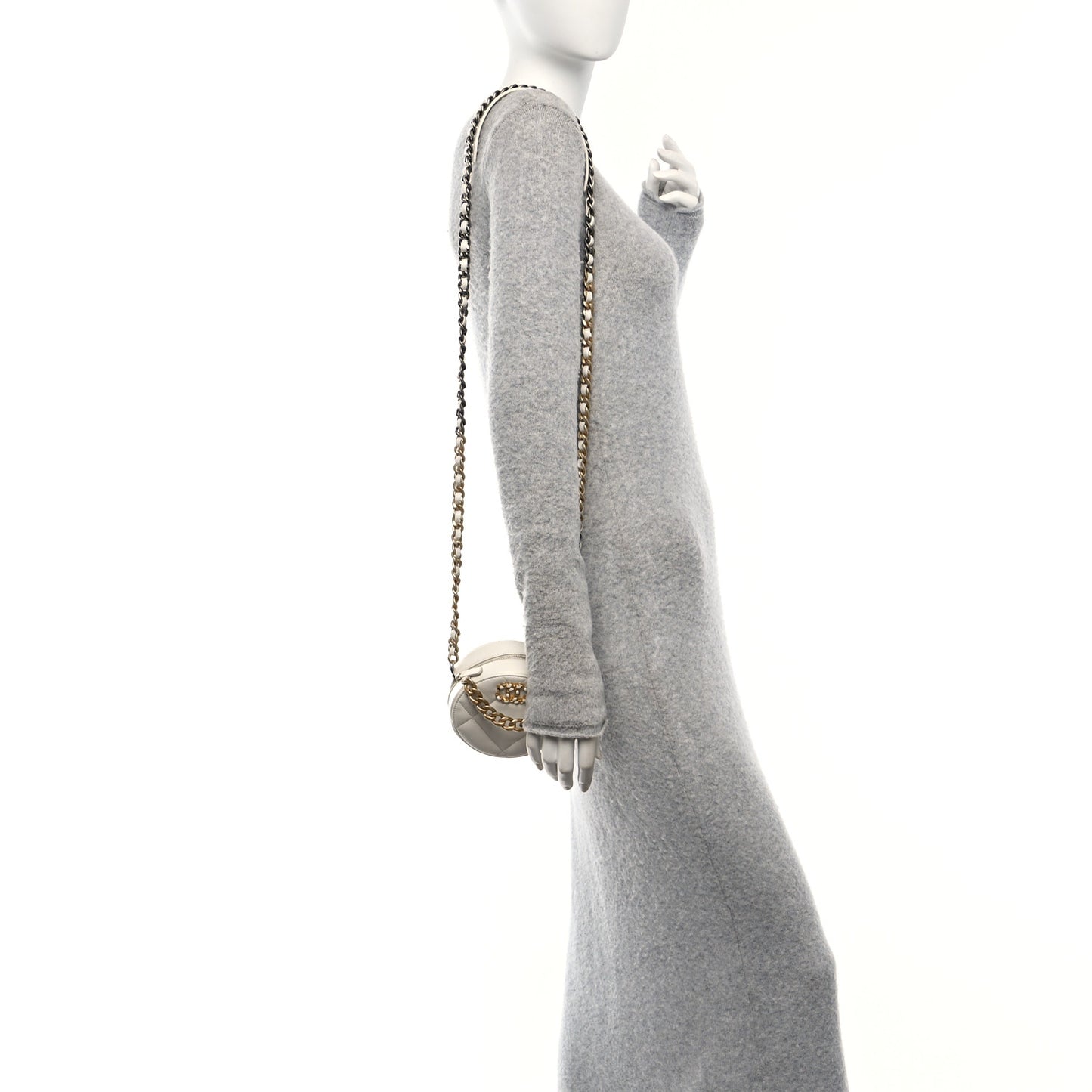 Shiny Goatskin Quilted Chanel 19 Round Clutch With Chain White