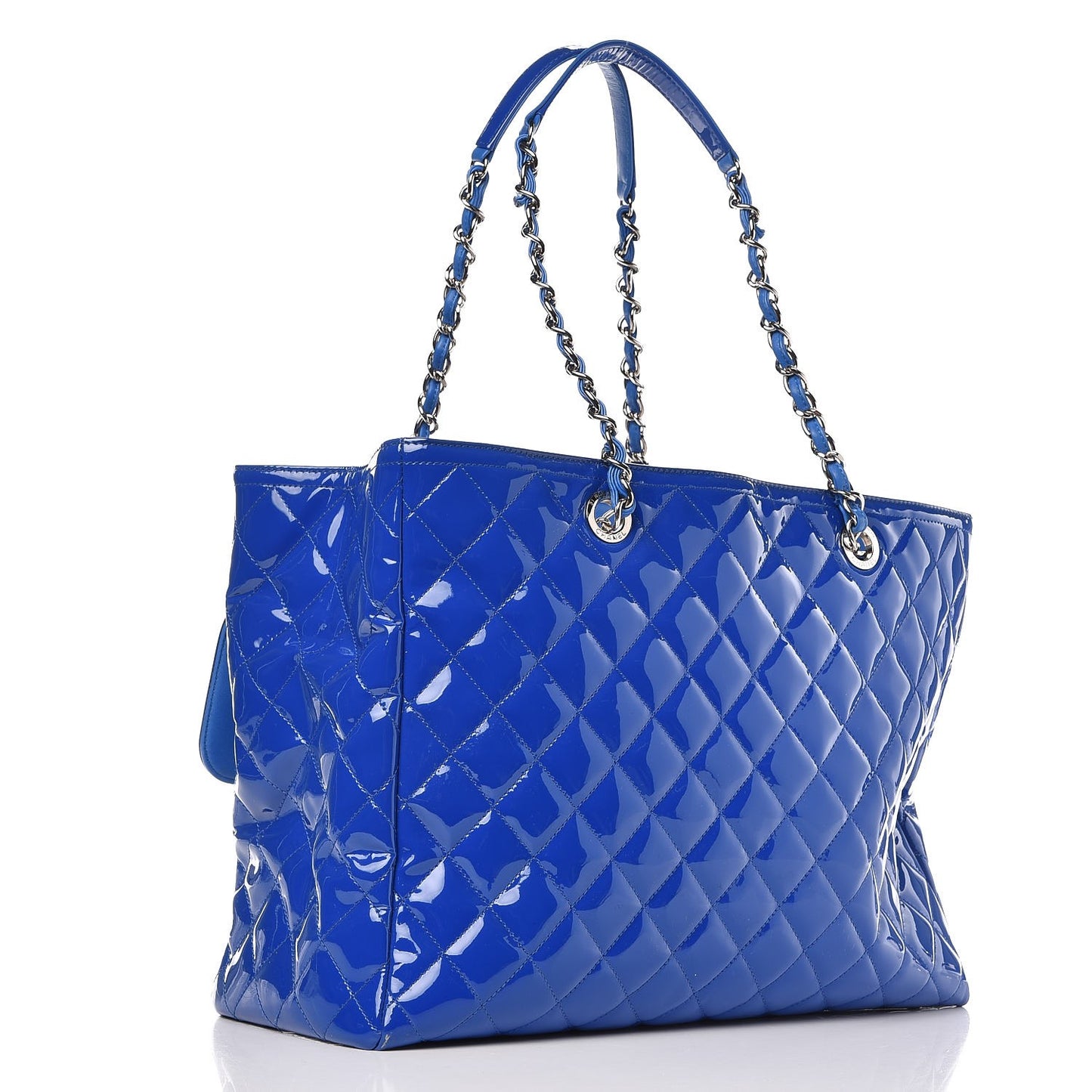 Patent Quilted Large Coco Shine Shopping Tote Blue
