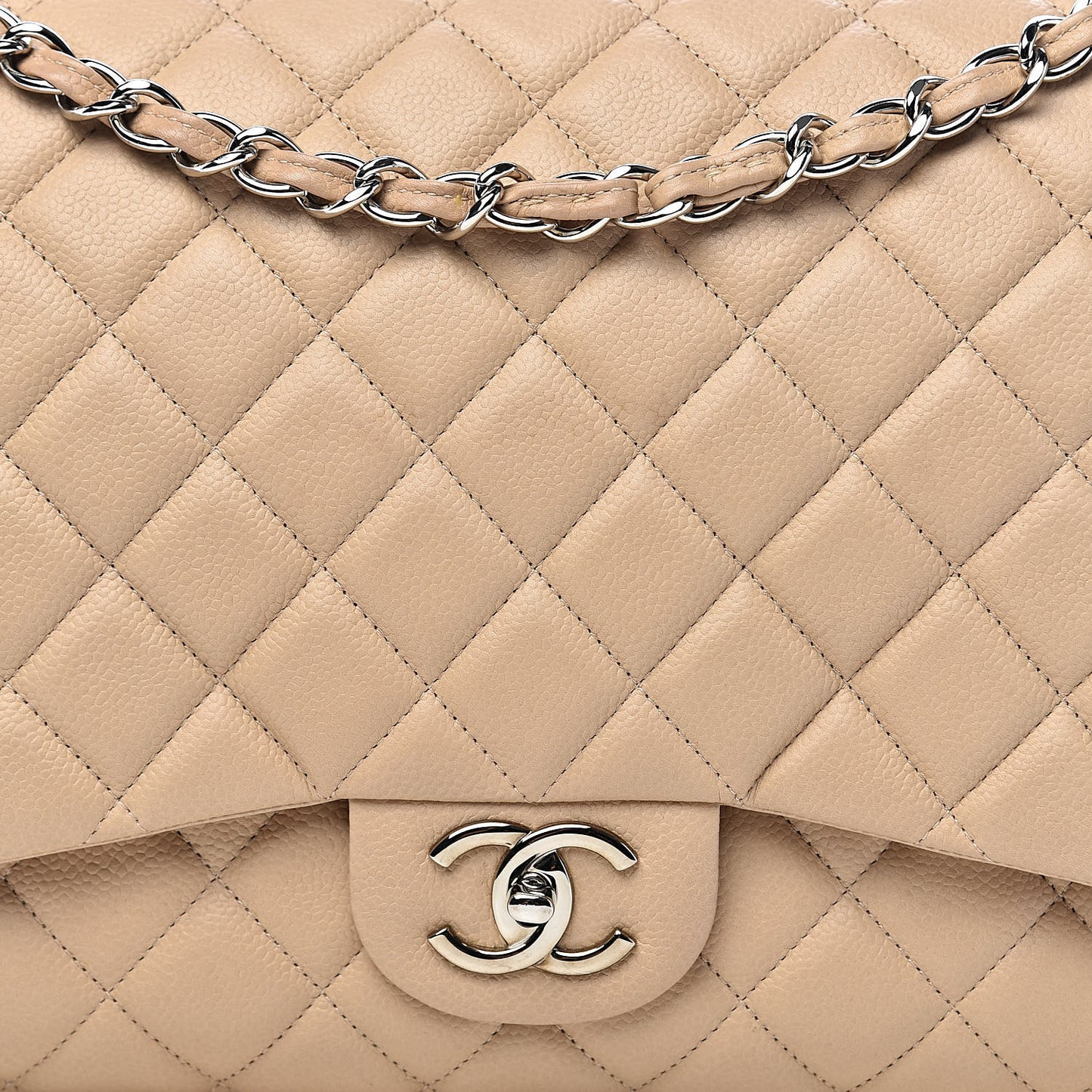 Caviar Quilted Maxi Double Flap Beige