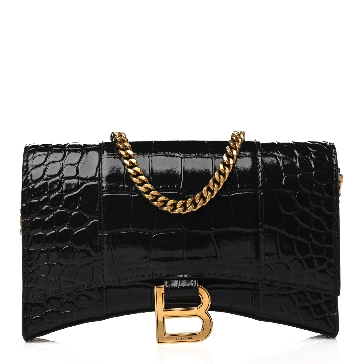 Balenciaga Shiny Calfskin Crocodile Embossed Hourglass Chain Bag Black 1 of 5