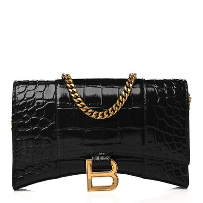 Balenciaga Shiny Calfskin Crocodile Embossed Hourglass Chain Bag Black 1 of 5