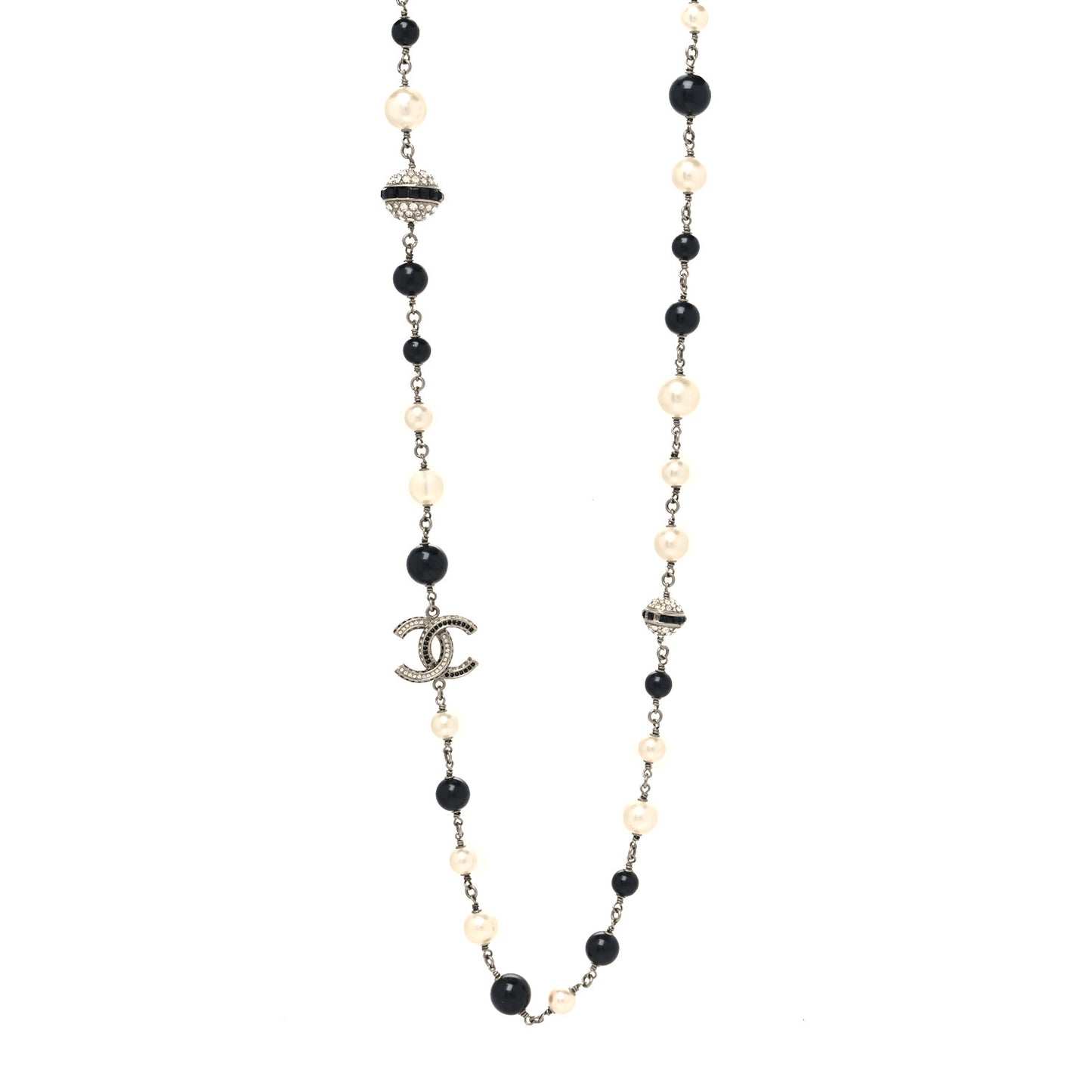Metal Pearl Crystal Bead CC Long Necklace Silver Black