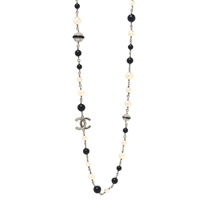 Chanel Metal Pearl Crystal Bead CC Long Necklace Silver Black 1 of 7