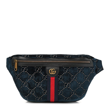 Gucci Velvet GG Monogram Web Belt Bag Blue Beige 1 of 10