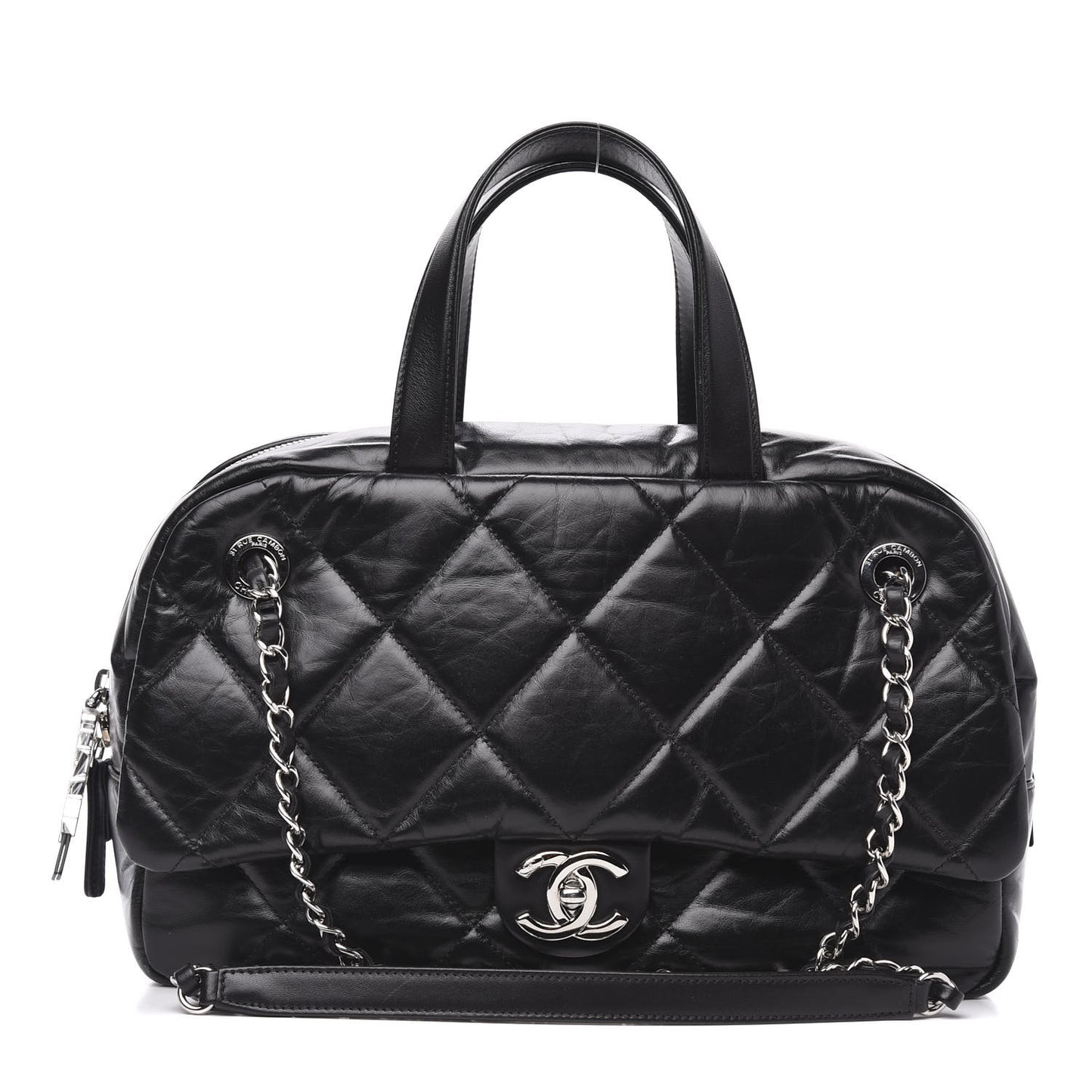 Aged Calfskin Quilted Small Express Bowling Bag Black