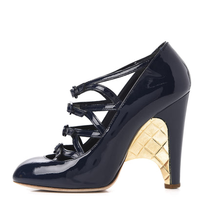 Chanel Patent Calfskin Quilted CC Strap Pumps 35 Navy Gold 1 of 10