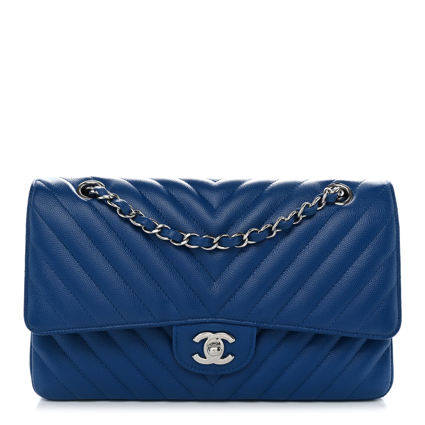 Caviar Chevron Quilted Medium Double Flap Blue