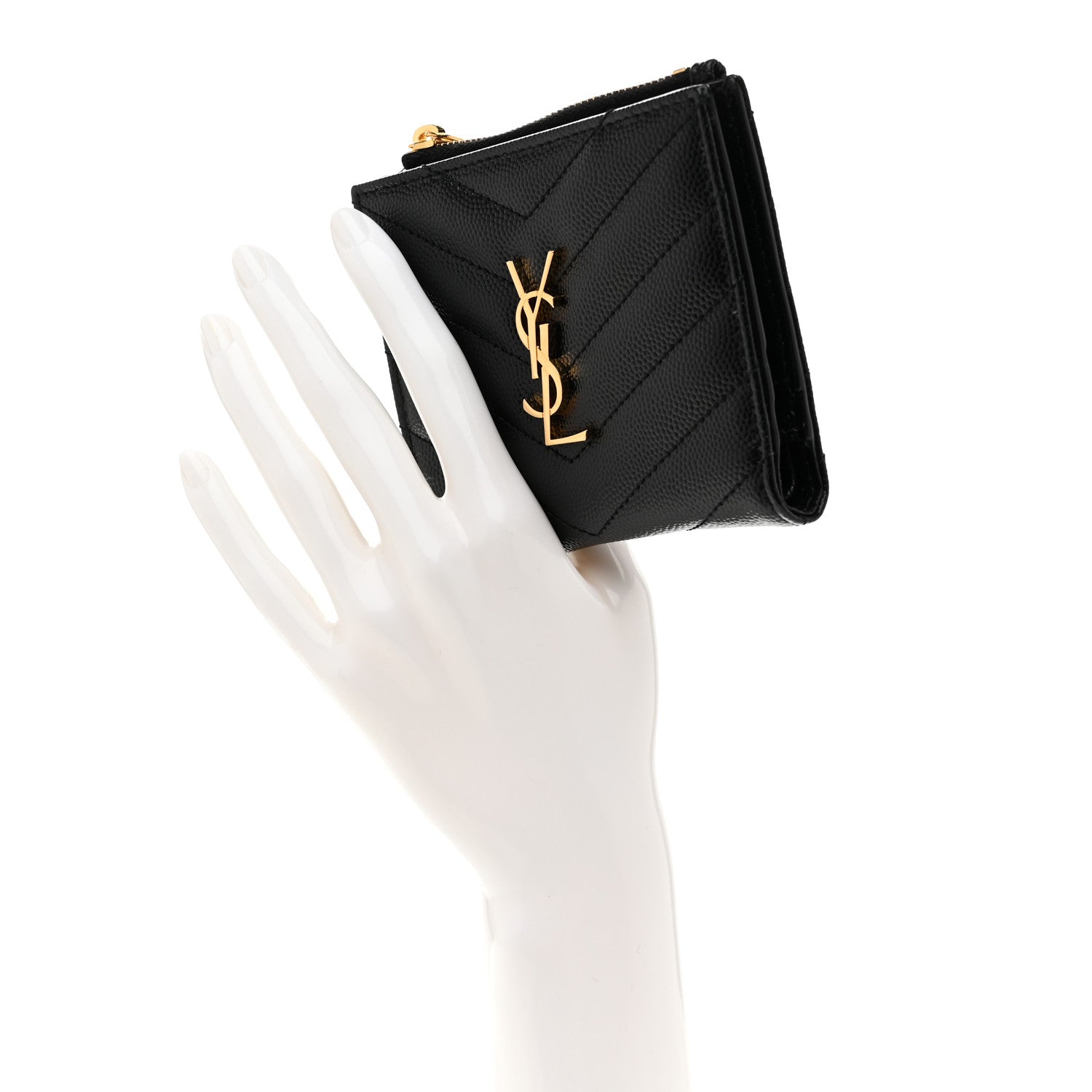 Saint Laurent Grain De Poudre Matelasse Chevron Monogram Zipped Card Case Black 2 of 8