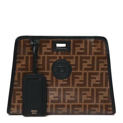 Fendi Glazed Fabric Vitello Century FF 1974 Stamp Patch Mini Peekaboo Defender Cover Mogano Panna Black 1 of 10