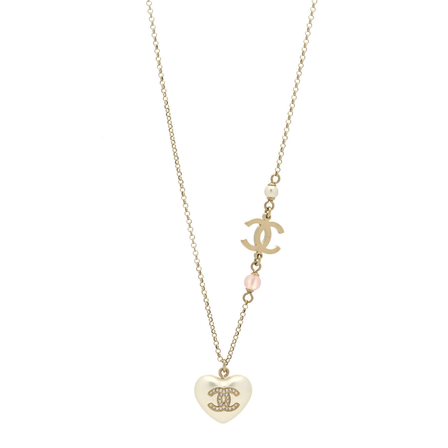 Chanel Resin Crystal CC Heart Necklace Pearly White Gold 1 of 5