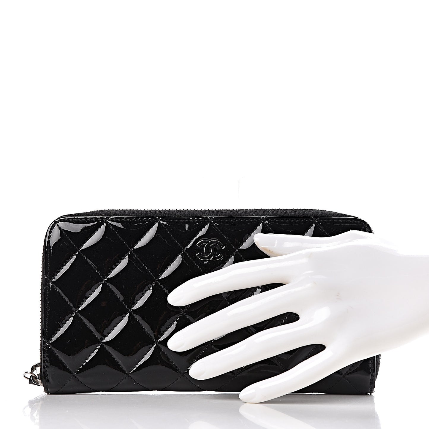 Patent Quilted Zip Around Wallet Black