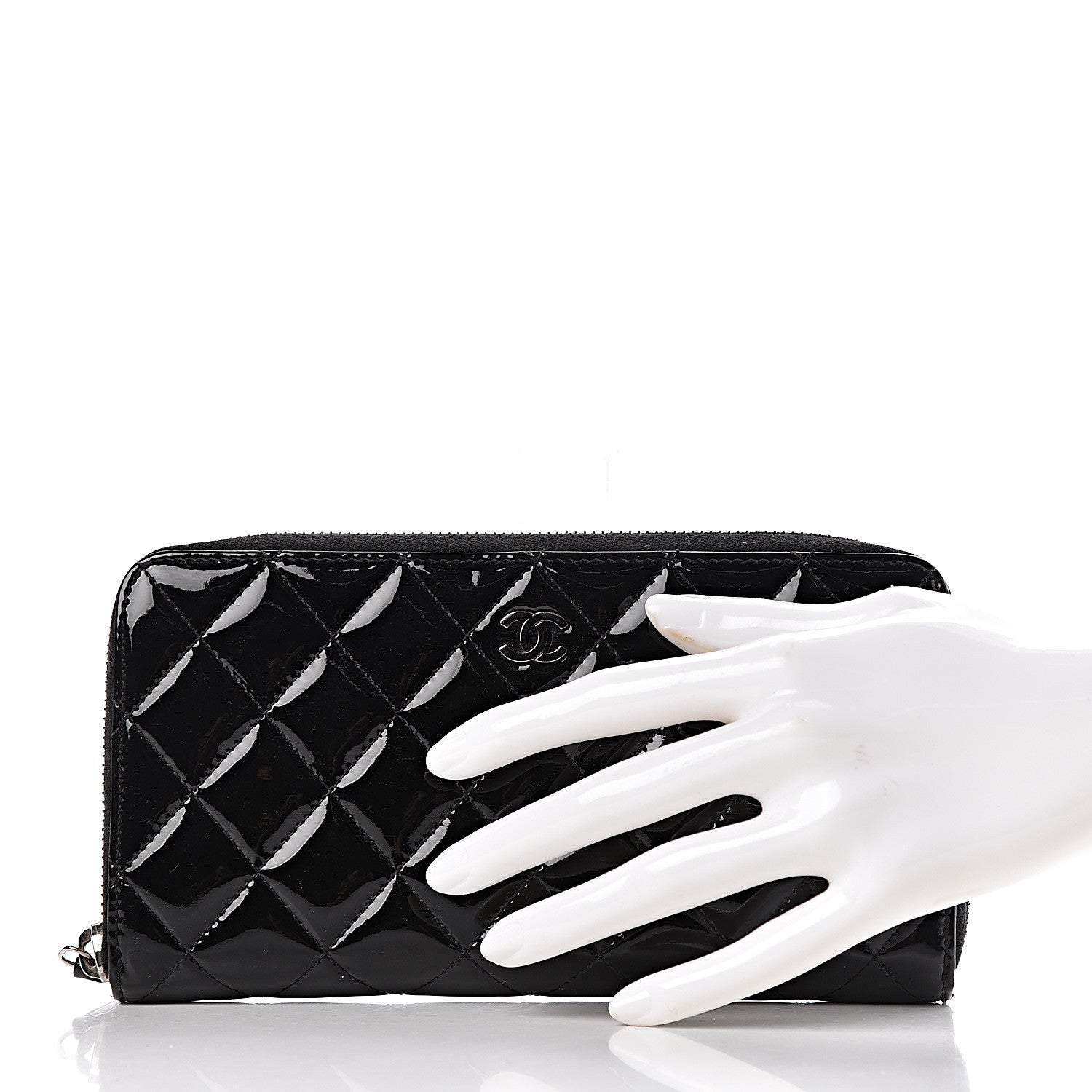 Chanel Patent Quilted Zip Around Wallet Black 2 of 8