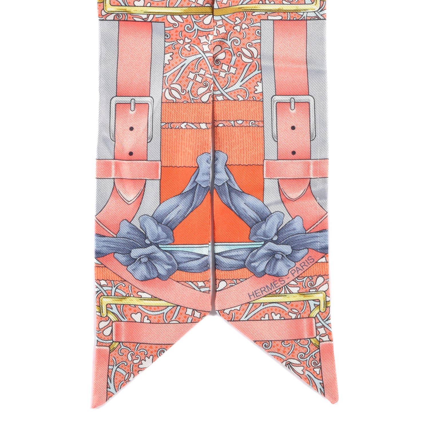 Hermes Silk Grand Manege Fleuri Twilly Orange Turquoise Gris 2 of 3