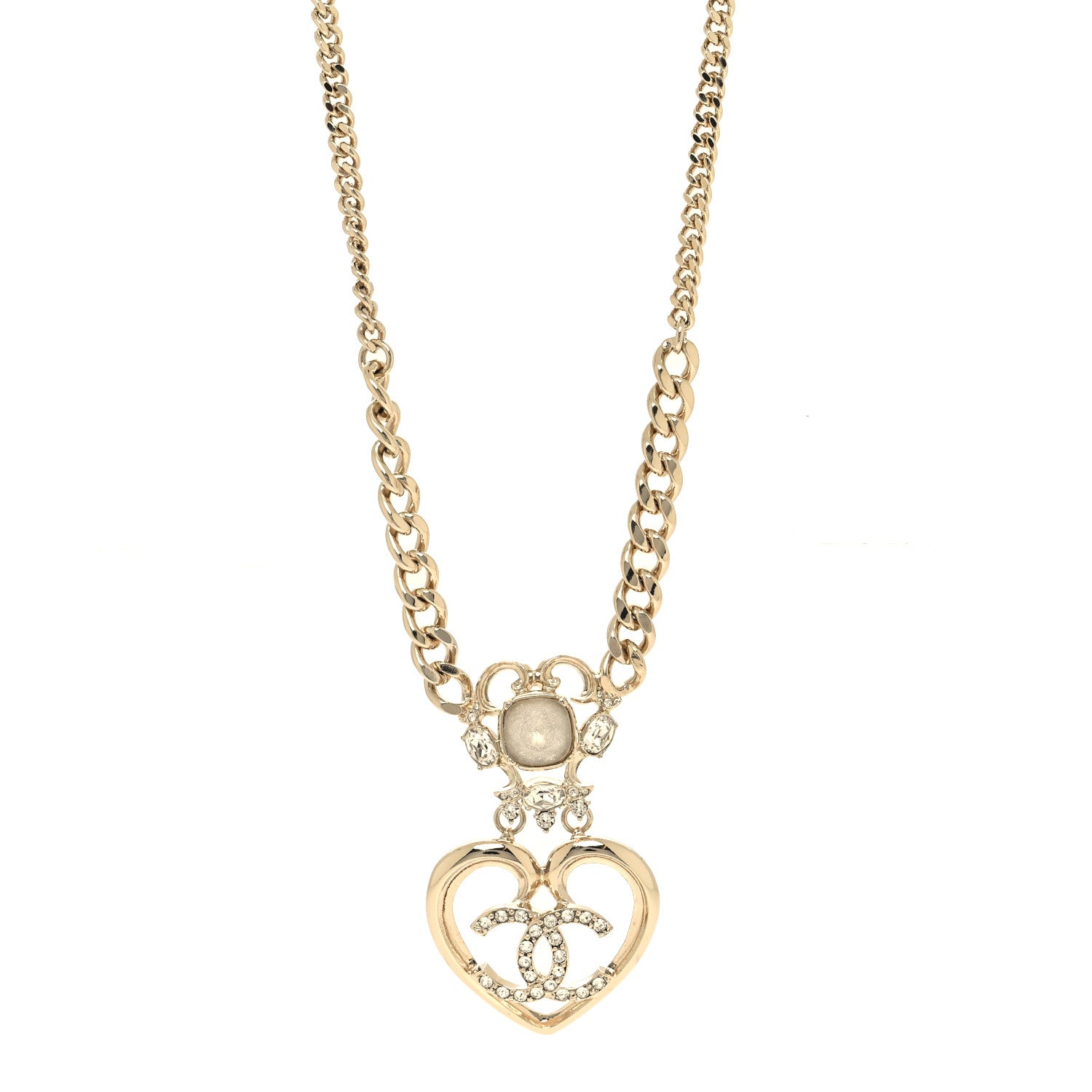 Chanel Crystal Glass Heart CC Necklace Gold 1 of 5