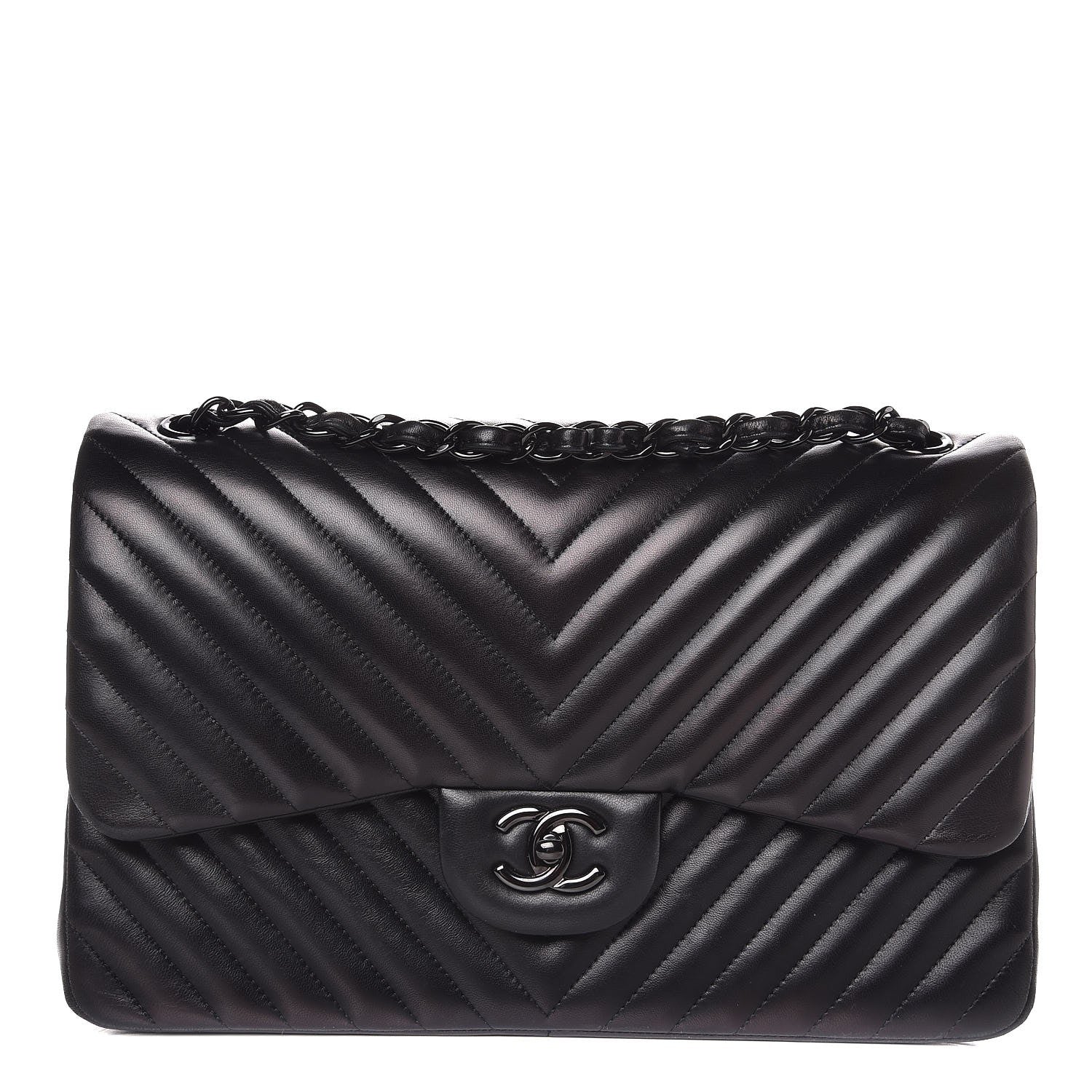Chanel Lambskin Chevron Quilted Jumbo Double Flap So Black 1 of 9